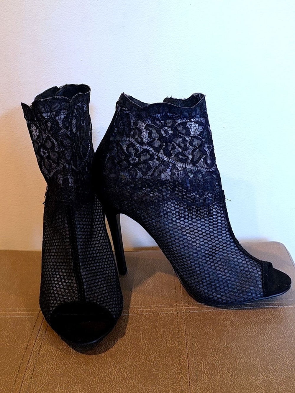 Women's Black Lace Peep-Toe Ankle Booties